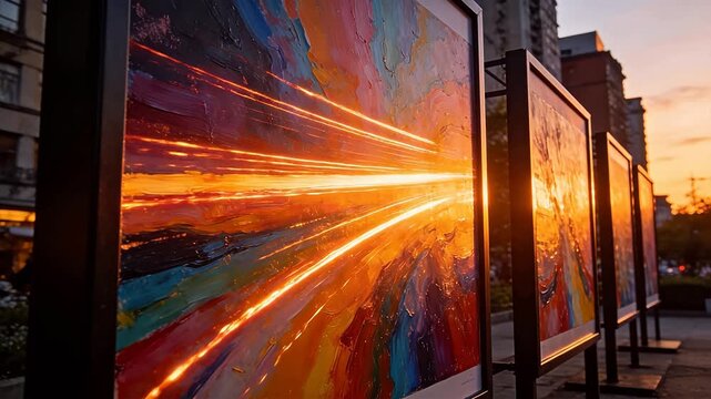 Outdoor art exhibition with large colorful abstract paintings at sunset