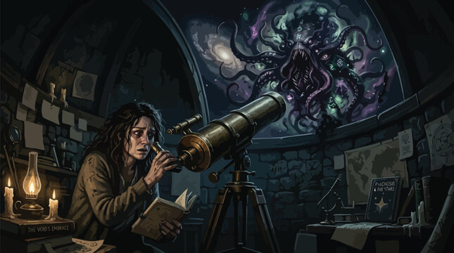 Astronomer observing terrifying cosmic alien monster through telescope inside dark vintage stone observatory room with candles on white background