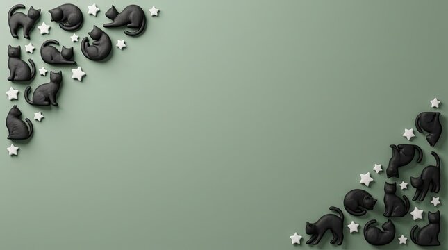 Halloween background with black cats and white stars in corners on sage green backdrop