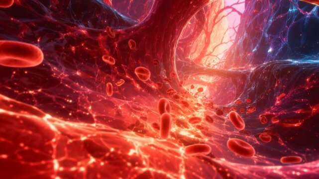 Red blood cells flowing through an illuminated blood vessel
