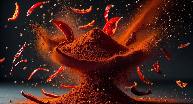Red chili pepper powder explosion with flying spices and chili pieces
