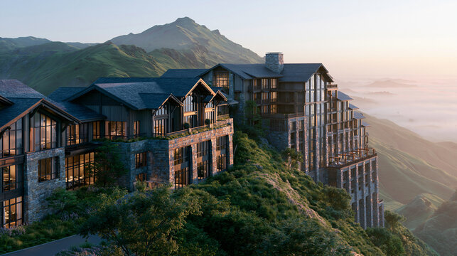 Luxury stone mountain resort hotel nestled on cliff edge during golden hour with misty background.