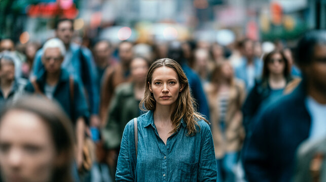 woman standing still in the middle of a busy city street during daytime, calm thoughtful facial expression, surrounded by a diverse crowd of pedestrians walking
