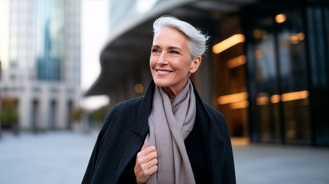 Elegant woman in her fifties confidently walking through a modern city