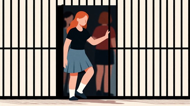 Young woman exits prison bars stepping into light. Freedom beckons for this person escaping confinement, symbolizing new beginnings and a fresh start. Another woman watches from within.