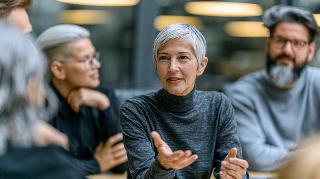 experienced HR manager facilitating a respectful conflict resolution meeting between employees inside a modern conference room