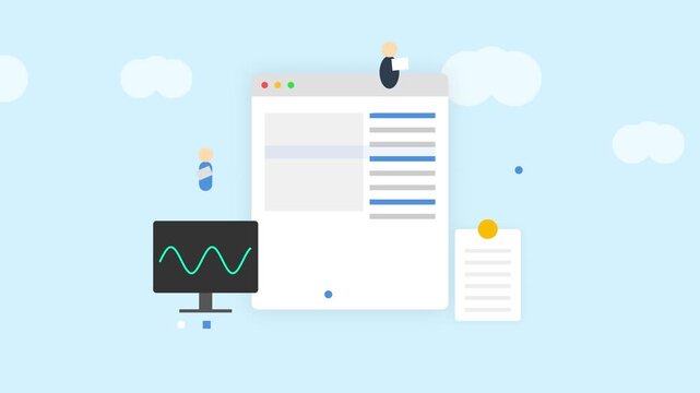 An animated flat design concept showing tiny professional characters working on web development search engine optimization and digital business tasks on a blue background
