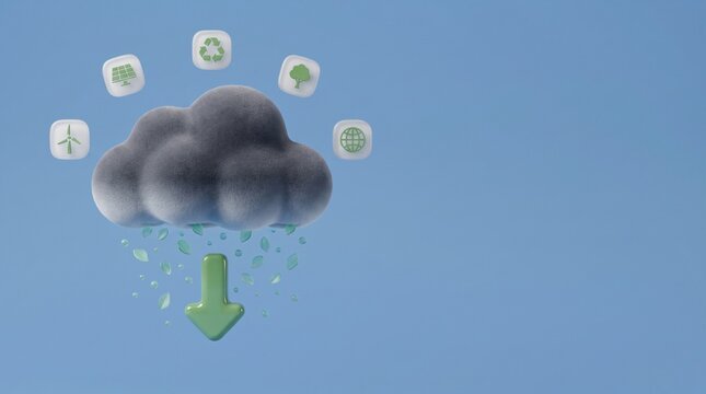 3D dark cloud with green down arrow and eco icons on blue background