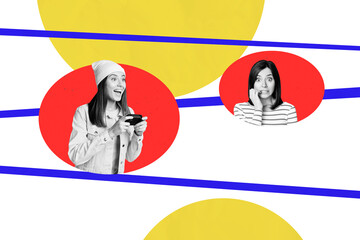 Photo collage picture two girls scared frustrated bite nails joyful mood play joystick contoller videogame excited entertainment © deagreez