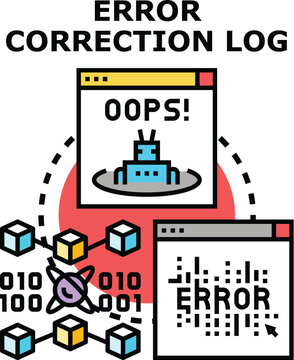 Digital interface displaying an 'oops.' error and a log screen, illustrating the process of identifying, correcting, and managing system malfunctions and data problems