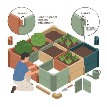 Modular Garden Planter Grid with Snap-Fit Panels and Tension Adjustment for DIY Landscaping