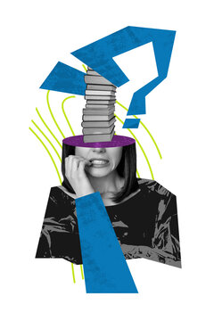 Composite trend artwork 3D sketch collage of young lady half head open mind pile book student knowledge ask question confused bite nails