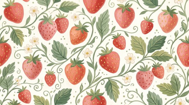 Seamless pattern of fresh red strawberries with green leaves and white flowers