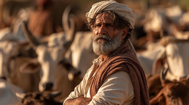 Man herder looking at camera with cattle. Older man wearing a turban and shawl, standing among his cattle
