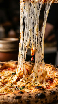 Delicious Neapolitan pizza with long melted mozzarella cheese strings stretching from a slice.