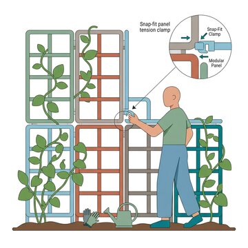 Modular Garden Trellis with Snap-Fit Panels and Tension Clamp System