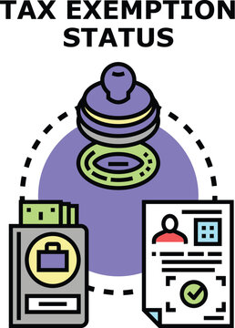 Illustrating the concept of tax exemption status. This graphic features a sealed document. A briefcase full of money. And a rubber stamp