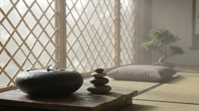 Zen stones and teapot on tatami mat near window with diamond pattern