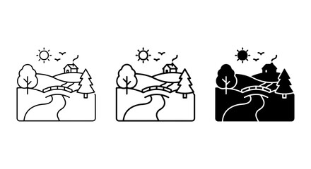 Fototapeta premium Rural Landscape Icons: Countryside Scenes, Village Views, Nature Elements, Vector Art
