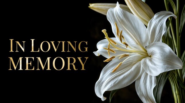 condolence card with lily flower with and golden text in loving memory