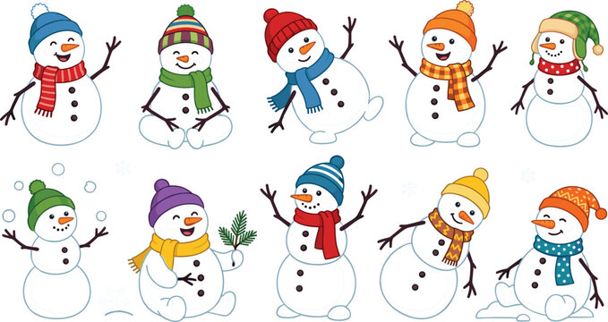 Cute Christmas snowman characters cartoon vector illustration set. Funny winter snowmen poses wearing colorful beanies and scarves waving, sitting and playing isolated on white background