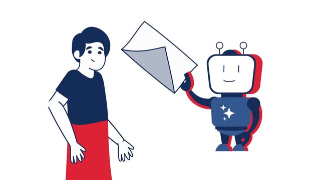 ai mail delivery animation artificial intelligence sending message animated video friendly robot holding envelope while interacting with woman reaching out toward flying paper airplane motion graphics