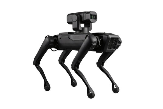Autonomous four legged robotic quadruped on transparent background, futuristic robot dog scout with articulated carbon legs and sensor camera head. Advanced technology delivers reconnaissance.