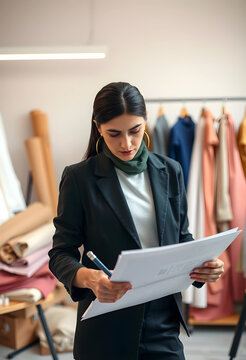 Fashion design and production planning, professional designer reviewing garment sketches and fabric patterns in a creative studio workshop environment