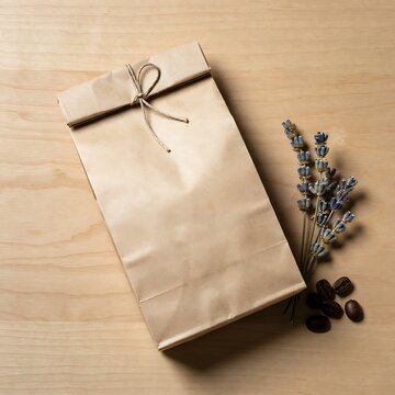 Brown paper bag tied with twine and lavender sprig on wooden surface