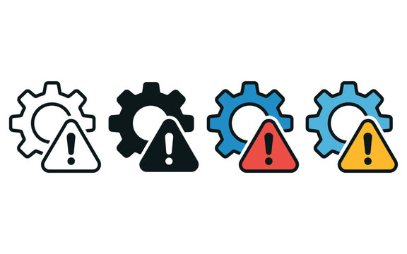 Failure Icons with Gear and Exclamation Mark Symbols Representing Malfunction, System Errors, Warning Alerts, Technical Issues, and Industrial Problems