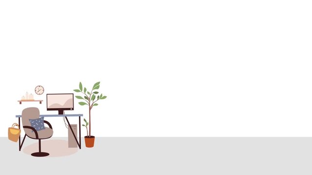 Flat vector animated team meeting or large office desk, featuring a large table, multiple chairs, laptop, decorative arched windows, and a potted plant against a white wal
