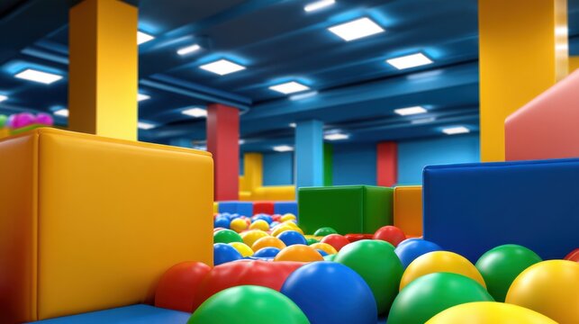 A vibrant indoor play area filled with colorful balls and bright geometric shapes for children
