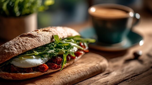 Crispy baguette sandwich with egg and fresh arugula served with coffee