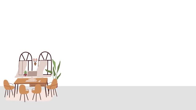 Flat vector animated team meeting or large office desk, featuring a large table, multiple chairs, laptop, decorative arched windows, and a potted plant against a white wal