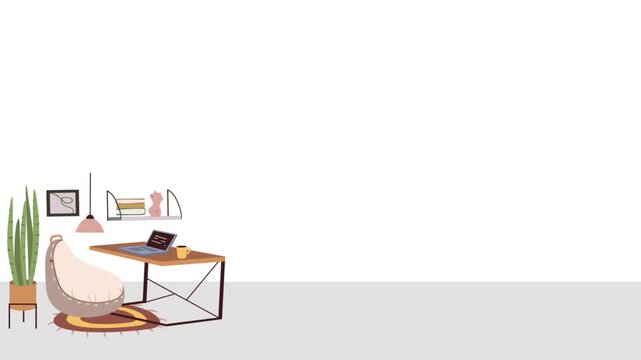 Flat vector animated team meeting or large office desk, featuring a large table, multiple chairs, laptop, decorative arched windows, and a potted plant against a white wal