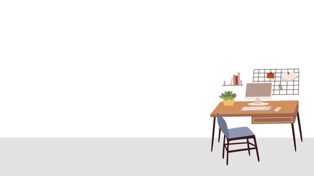 Flat vector animated team meeting or large office desk, featuring a large table, multiple chairs, laptop, decorative arched windows, and a potted plant against a white wal