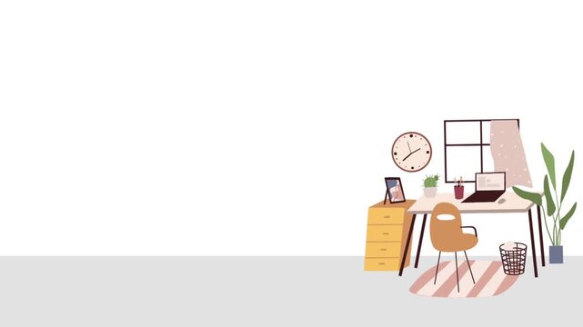 Flat vector animated team meeting or large office desk, featuring a large table, multiple chairs, laptop, decorative arched windows, and a potted plant against a white wal