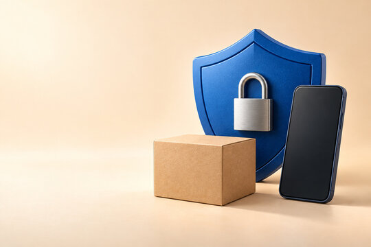 Online shopping security shield with parcel, smartphone and copy space