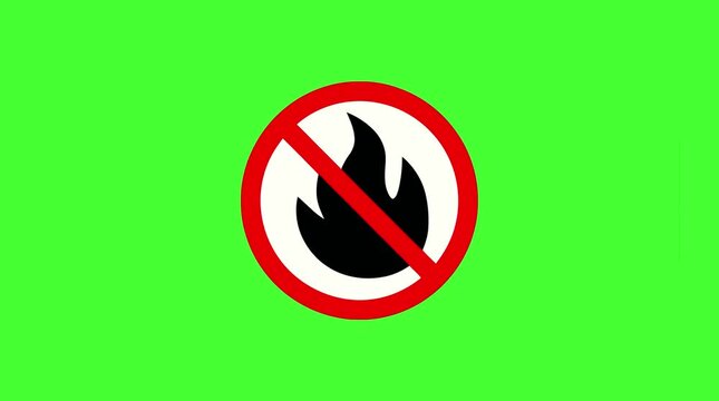 No fire prohibition sign danger hazard warning symbol animation on green screen background