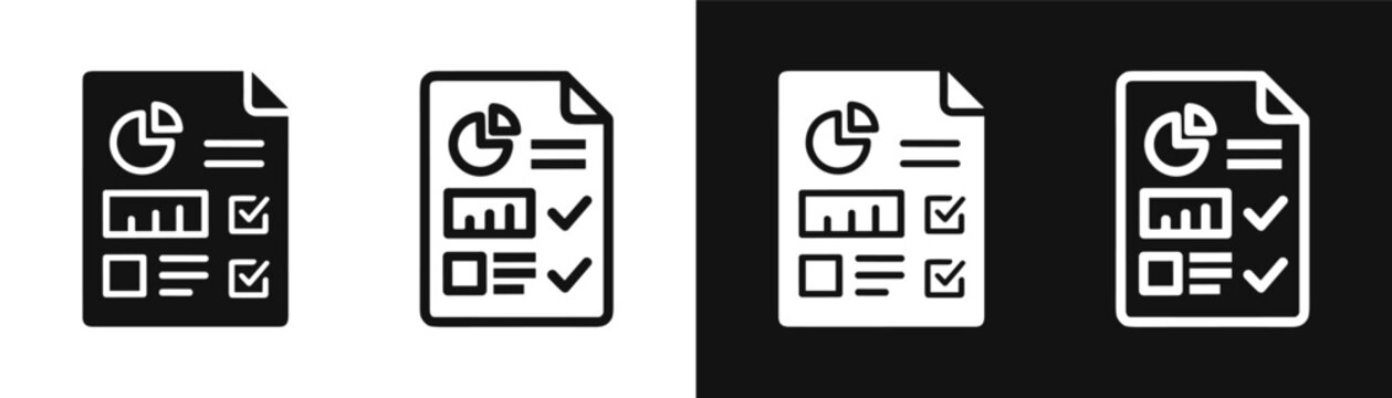Business report document with charts and checkmarks icon vector set