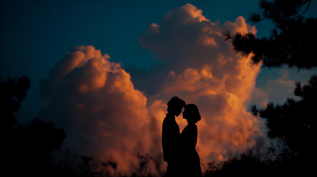 A silhouette of two lovers embracing, with the sky painted in hues of orange and blue