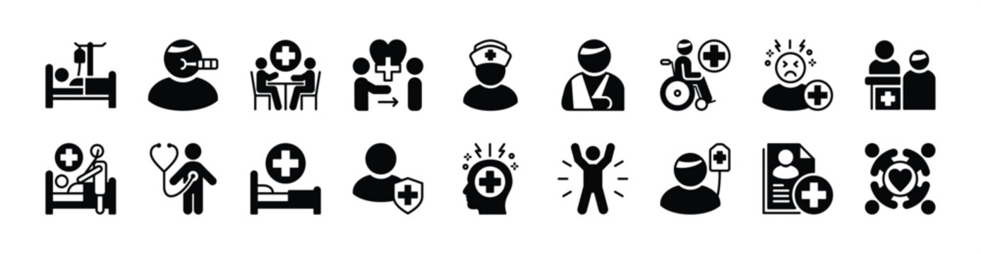 Patient icon vector set. Contains health care consultation, checkup, sick, heal, nurse, medical examination, registration, blood donor, dizzy, document data information, room, protection. Illustration