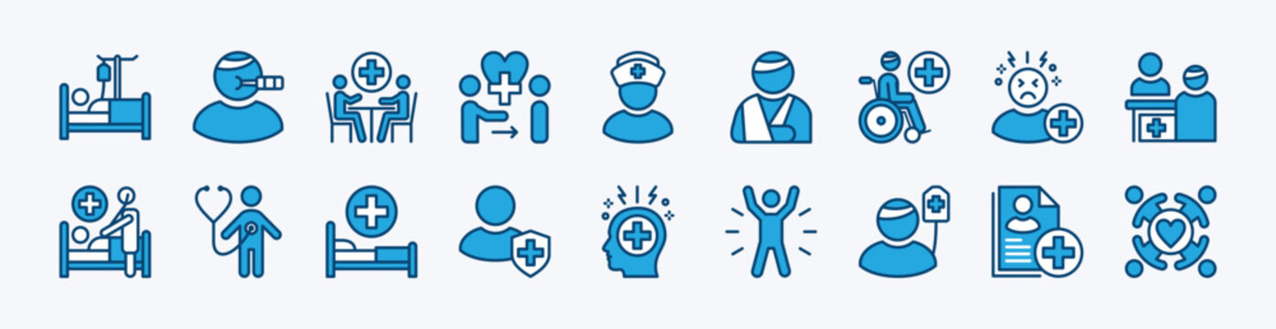 Set of patient icon. Contains health care consultation, checkup, nurse, sick, heal, medical examination, document data information, registration, blood donors, dizzy, room. Vector illustration
