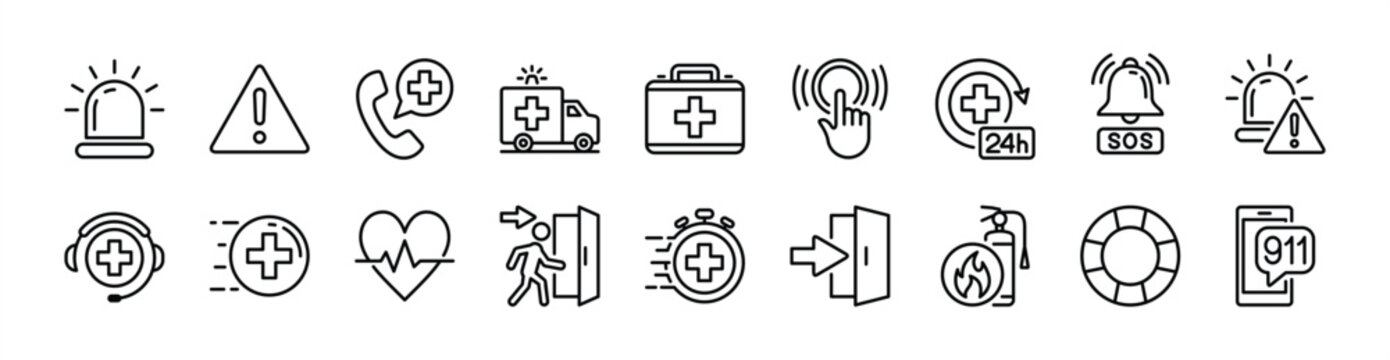 Emergency thin line icon set. Contains siren, exclamation mark, call, ambulance, first aid kit, button, 24-hour support and service, SOS, heartbeat, evacuation route, exit, fire extinguisher, lifebuoy