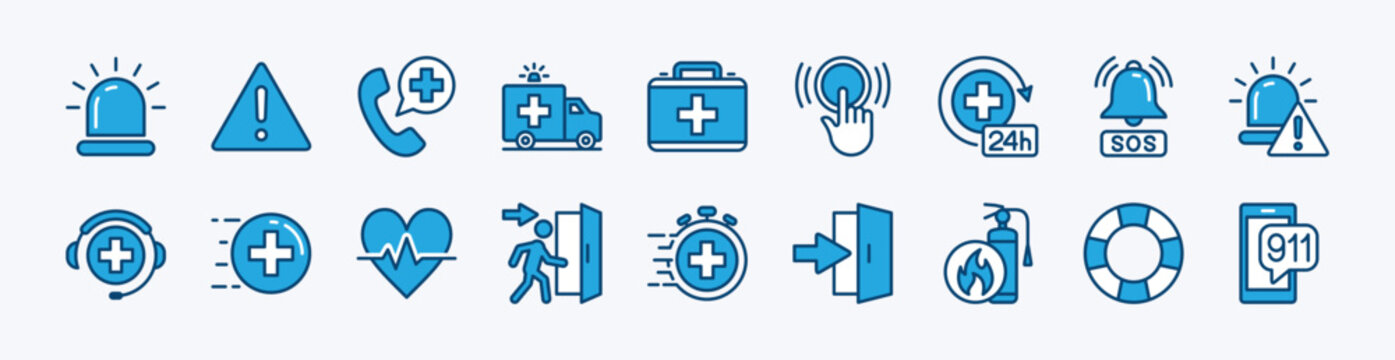 Set of emergency icon. Contains exclamation mark, siren, 24-hour support and service call, first aid kit, ambulance, SOS, button, heartbeat, evacuation route, exit, fire extinguisher, lifebuoy. Vector