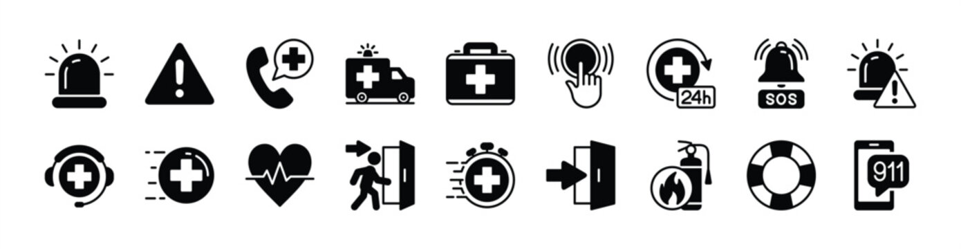 Emergency icon vector set. Contains exclamation mark, siren, call, 24-hour support and service, ambulance, first aid kit, button, SOS, heartbeat, evacuation route, exit, fire extinguisher, lifebuoy