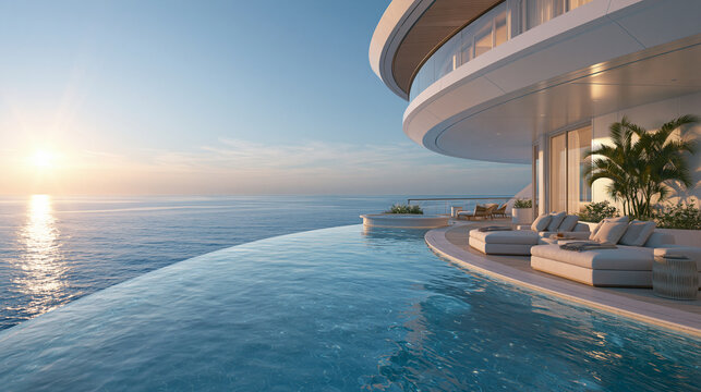 Modern luxury villa with curved infinity pool overlooking ocean during sunset hours.