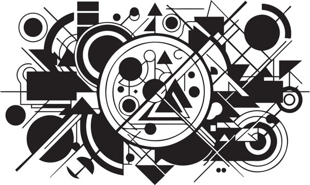 Abstract geometric vector composition, black and white constructivist art background, minimalist linear shapes and circles for modern graphic design
