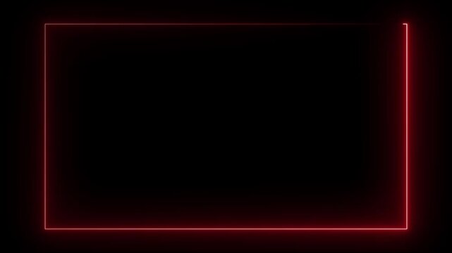 Red color neon light is moving around glowing lines rectangle frame. Text frame on dark background