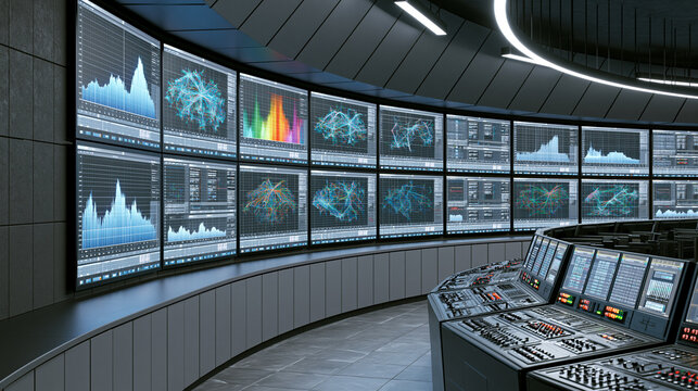 Modern spaceship control room filled with multiple display screens showing data, charts, and diagrams with a dark tone.